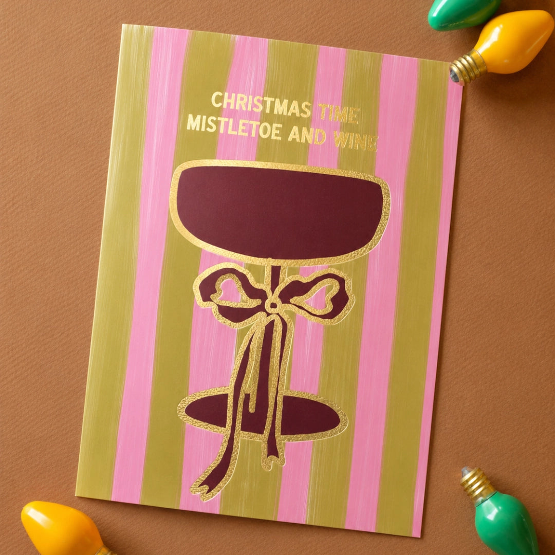 Christmas Time Mistletoe And Wine Gold Foil Christmas Card