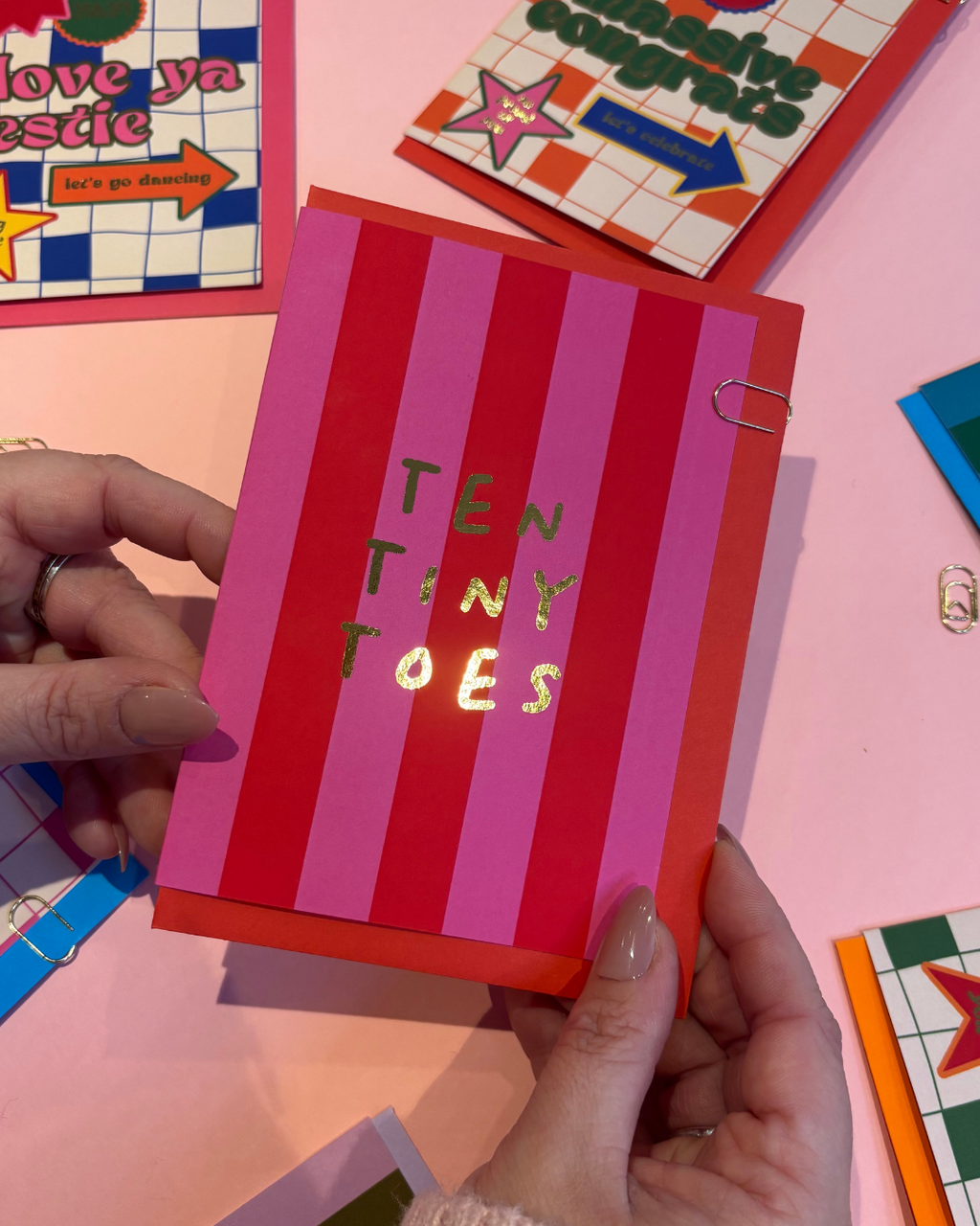 A6 Ten Tiny Toes Foil Card Red & Pink