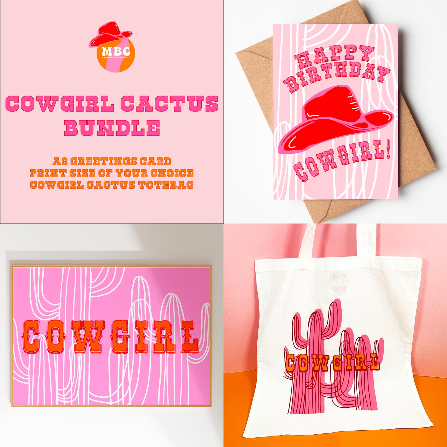 Cowgirl Cactus Totebag, Card & Print Bundle